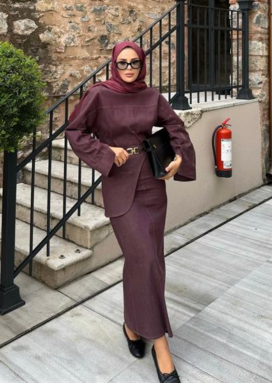 Kemer Detaylı Kot Elbise Bordo 