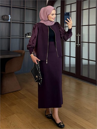 Kolu Jakarlı Triko Takım Mürdüm