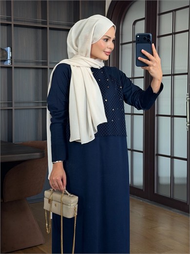 File Detaylı Triko Elbise Lacivert