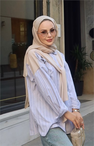 Sweat Detaylı Çizgili Gömlek Bej