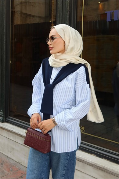 Sweat Detaylı Çizgili Gömlek Mavi