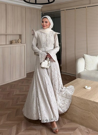 İvory Dantelli Elbise Bej