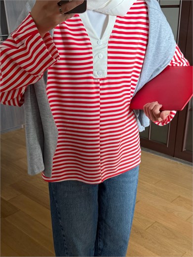 Çizgili Pamuk Body Kırmızı