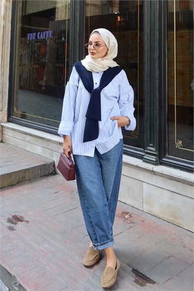 Sweat Detaylı Çizgili Gömlek Mavi