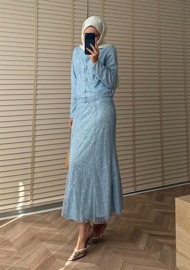 İthal Dantelli Etekli Takım Mavi