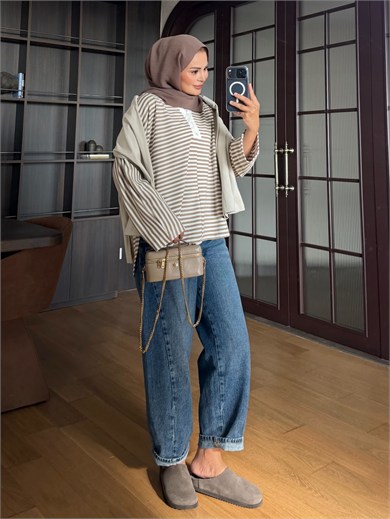 Çizgili Pamuk Body Bej