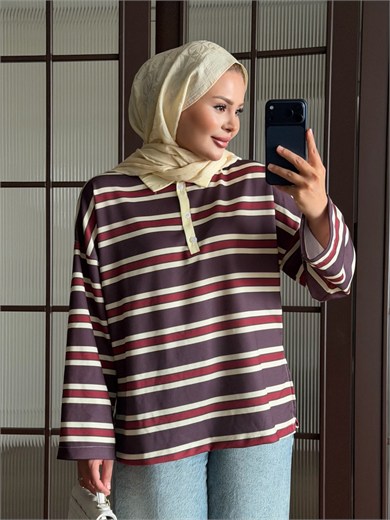 Polo Yaka Çizgili Sweat Bordo