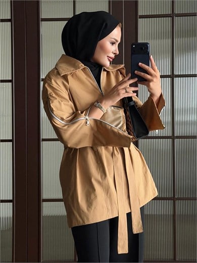 Fermuar Detaylı Trençkot Taba
