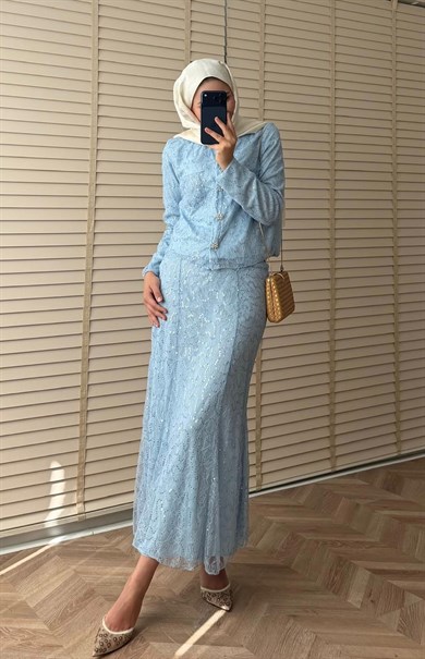 İthal Dantelli Etekli Takım Mavi