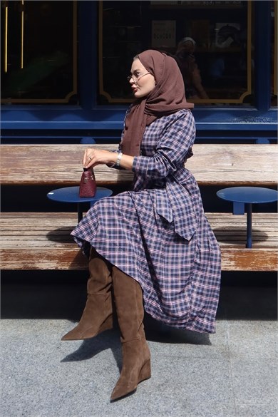 Ekose Desenli Elbise Bordo 