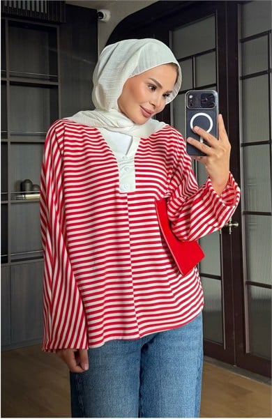 Çizgili Pamuk Body Kırmızı