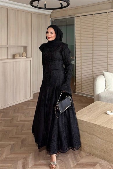 İvory Dantelli Elbise Siyah