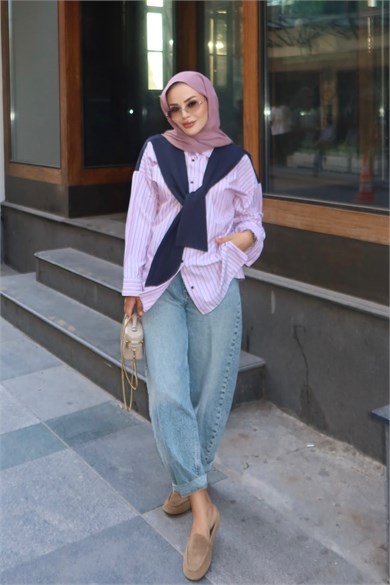Sweat Detaylı Çizgili Gömlek Kırmızı