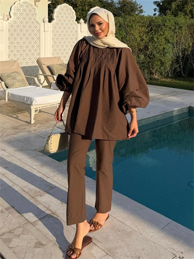 Badem Pantolonlu Takım Kahve 