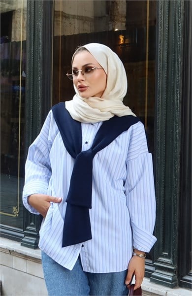 Sweat Detaylı Çizgili Gömlek Mavi