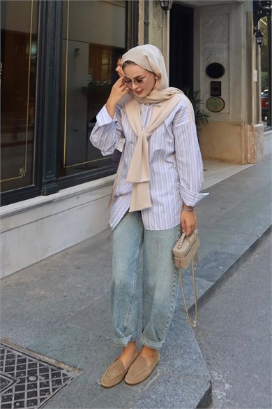Sweat Detaylı Çizgili Gömlek Bej