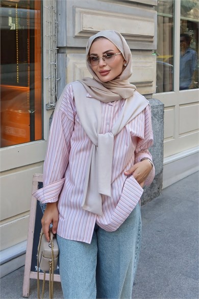 Sweat Detaylı Çizgili Gömlek Turuncu