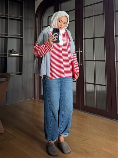 Çizgili Pamuk Body Kırmızı