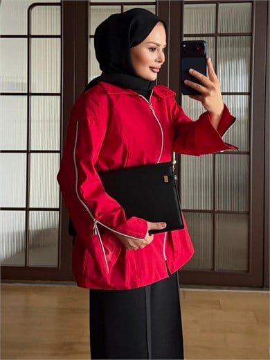 Fermuar Detaylı Trençkot Kırmızı