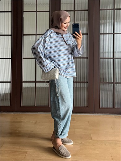 Polo Yaka Çizgili Sweat Bebe Mavisi