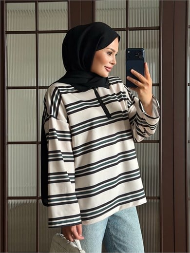 Polo Yaka Çizgili Sweat Siyah