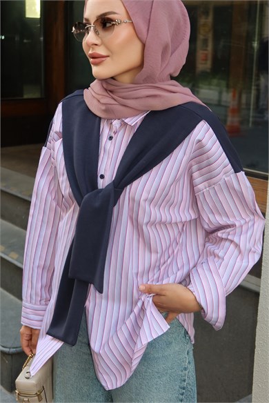 Sweat Detaylı Çizgili Gömlek Kırmızı