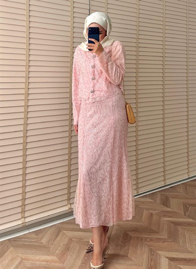 İthal Dantelli Etekli Takım Pembe