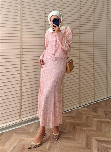 İthal Dantelli Etekli Takım Pembe