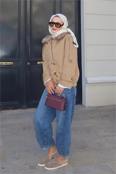Kürk Yakalı Trenç Camel