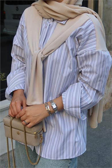 Sweat Detaylı Çizgili Gömlek Bej