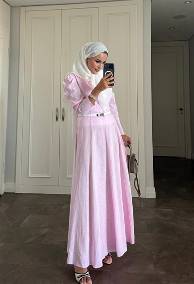 Ham Keten Elbise Pembe