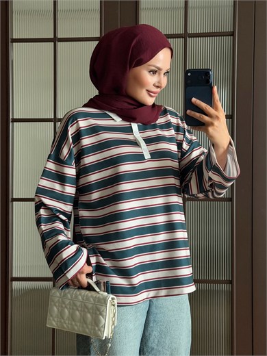 Polo Yaka Çizgili Sweat Petrol