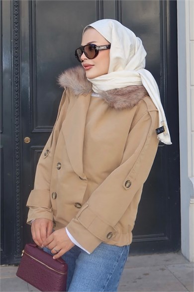 Kürk Yakalı Trenç Camel