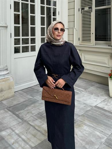 Kemer Detaylı Kot Elbise Mavi