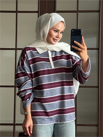 Polo Yaka Çizgili Sweat Gri