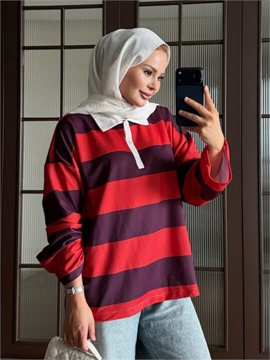 Polo Yaka Çizgili Sweat Kırmızı