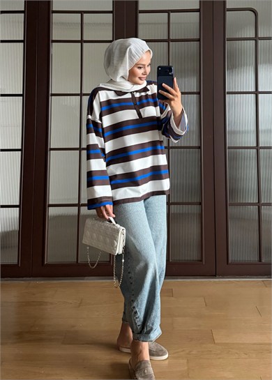 Polo Yaka Çizgili Sweat Saks