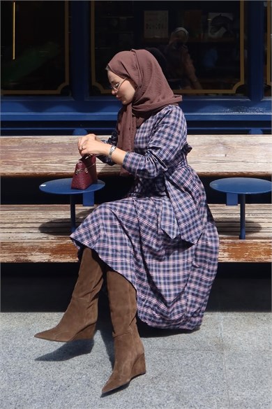 Ekose Desenli Elbise Bordo 