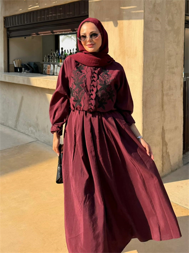 Nakışlı Etekli Takım Bordo 