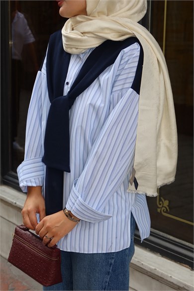 Sweat Detaylı Çizgili Gömlek Mavi