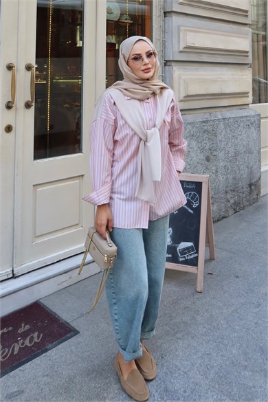 Sweat Detaylı Çizgili Gömlek Turuncu