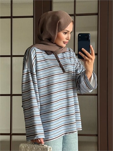 Polo Yaka Çizgili Sweat Bebe Mavisi