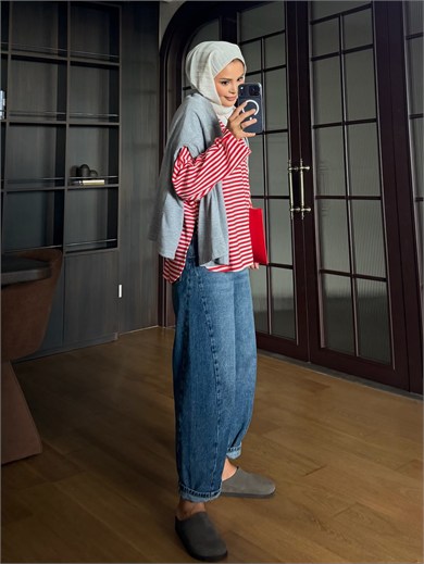 Çizgili Pamuk Body Kırmızı