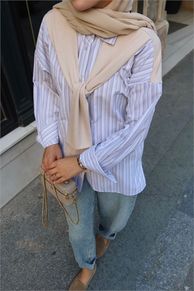 Sweat Detaylı Çizgili Gömlek Bej