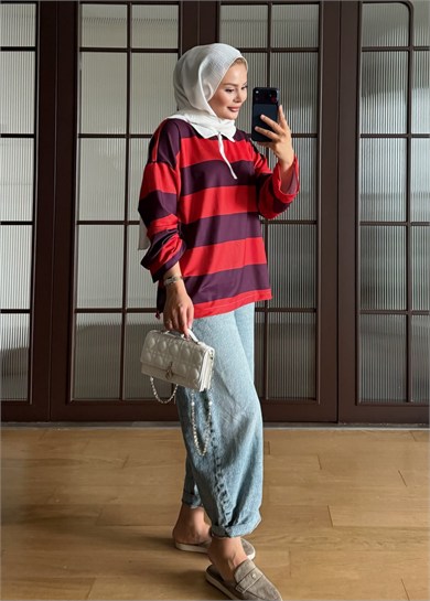 Polo Yaka Çizgili Sweat Kırmızı
