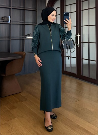 Kolu Jakarlı Triko Takım Haki