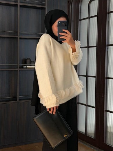 Yapraklı Angora Kazak Krem