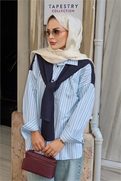 Sweat Detaylı Çizgili Gömlek Yeşil
