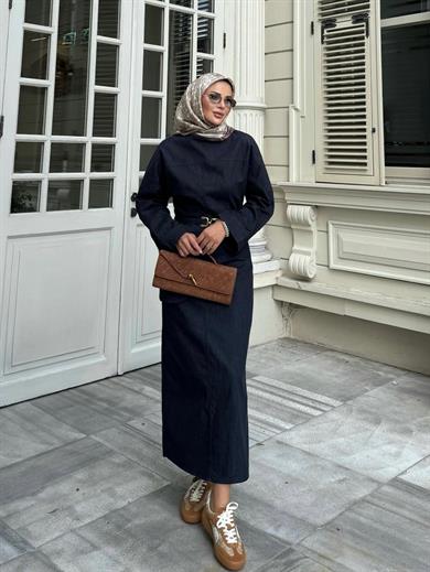 Kemer Detaylı Kot Elbise Mavi