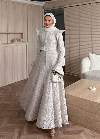 İvory Dantelli Elbise Bej